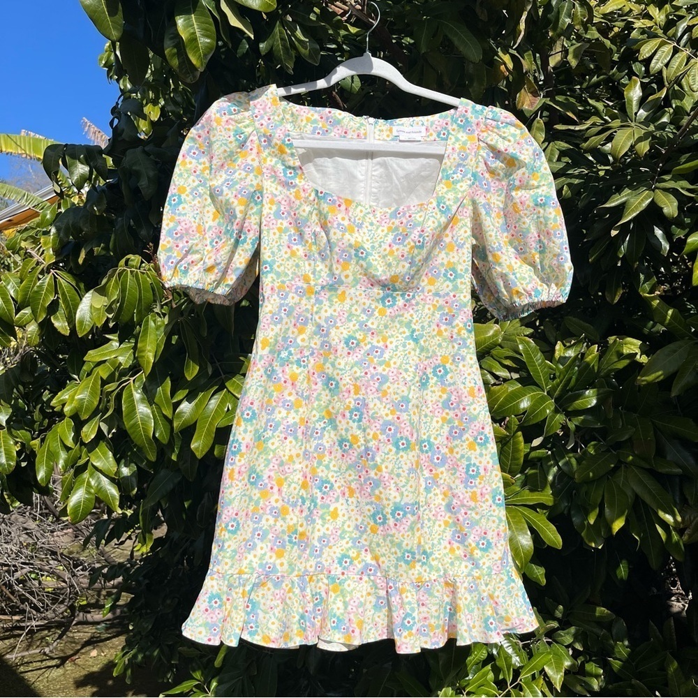 LOVERS AND FRIENDS green floral print puff short sleeve square neck mini dress